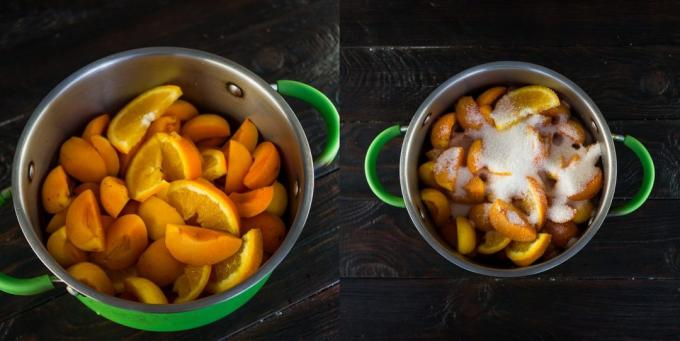 Tukos aprikoosit ja appelsiinit: hedelmät, kaada sokeria