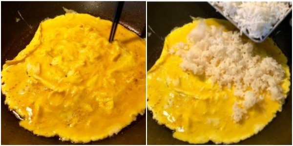 Miten kokki paistettu riisi muna: Paista munat ja lisää riisi