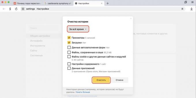 Miten tyhjentää selaimen historia Yandex