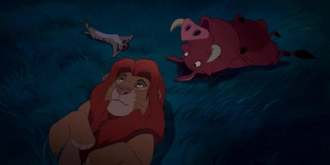 Sarjakuva "The Lion King": Simba, Timon ja Pumba alle yötaivasta ja miettiä luonteesta tähdet