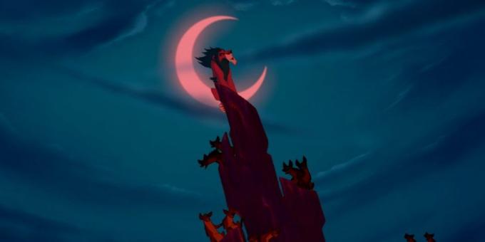 Sarjakuva "The Lion King": vain sovi lopullisessa musiikkinumeron valmisteltava Scar hahmo kimaltelevaa puolikuun yötaivaalla