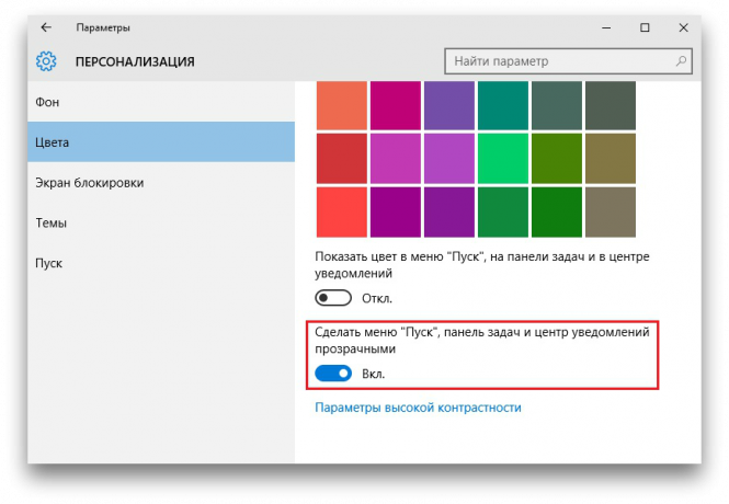 Määritä Windows 10: läpinäkyvyys järjestelmävalikossa