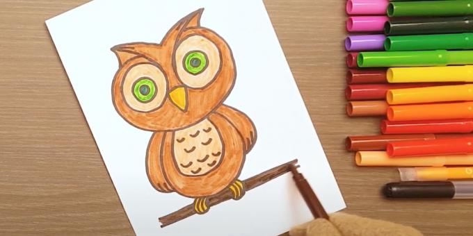 Kuinka piirtää pöllö: maalaa silmien, jalkojen ja oksan päälle