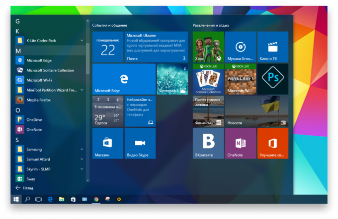 ohjelma Windows 10: Valikko