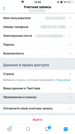 Twitter-ominaisuudet: Napauta Sovellukset ja istunnot
