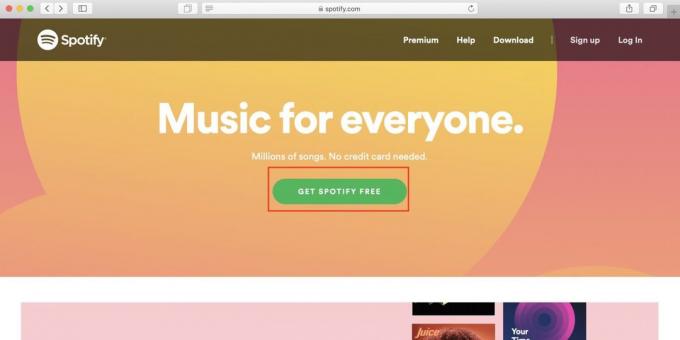 Kuinka käyttää Spotify Venäjällä: avoin Spotify verkkosivuilla ja klikkaa Get Spotify ilmaiseksi -painike