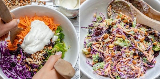 Resepti salaattia parsakaali, mantelit, karpalo ja sitruuna kastiketta jogurtti