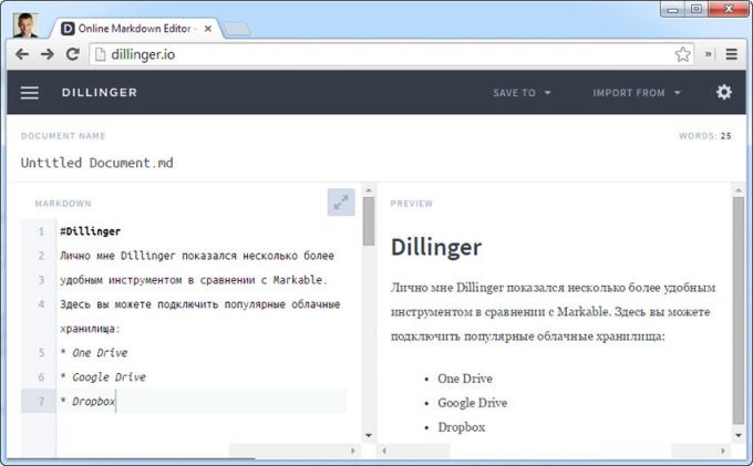 Editori Dillinger tekstiä ymmärtää Markdown kuvauskieli