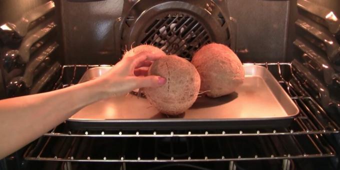 Kuinka avata kookospähkinä: laita hedelmät uuniin