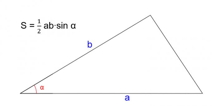 Kuinka löytää kolmion alue tuntemalla molemmat sivut ja niiden välinen kulma