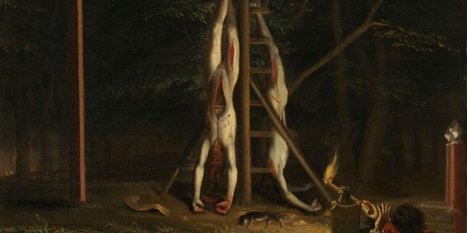 Janin ja Corneliksen ruumiit hirsipuussa. Jan de Baenin maalaus