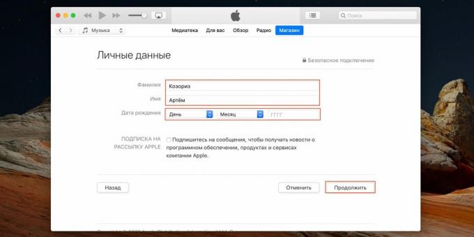 Apple ID: n luominen: kirjoita henkilökohtaiset tietosi