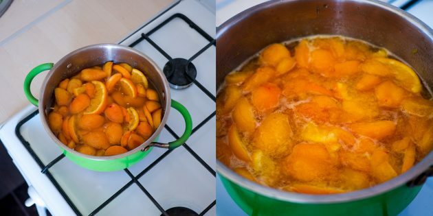 Aprikoosi ja appelsiinihillo: laita potti liedelle