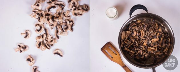 Pannukakkarulla: paista sieniä, sipulia ja valkosipulia
