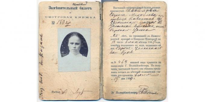 Venäjän valtakunnan historia: todistus prostituoidusta oikeudesta työskennellä Nižni Novgorodin messuilla vuosina 1904-1905.