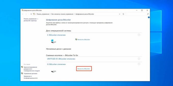 Kuinka asettaa salasana USB-muistitikulle: napsauta "Ota BitLocker käyttöön"