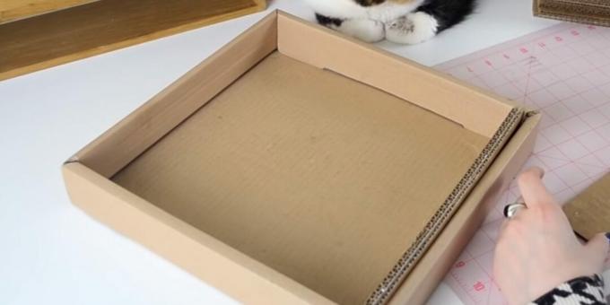 DIY kissan raapimispylväs: työnnä liimatut nauhat laatikkoon