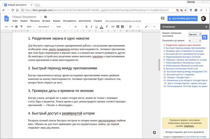 Google Docs lisäosat: sisällysluettelo