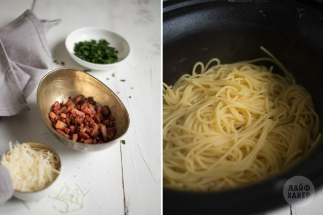 Kuinka tehdä carbonara-pastaa: paista pekoni ja keitä spagetteja