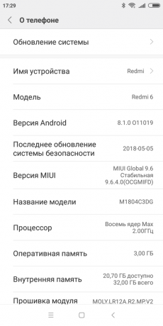 Xiaomi redmi 6: Järjestelmän ominaisuudet