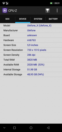 Yleiskuva älypuhelin Ulefone X: CPU-Z